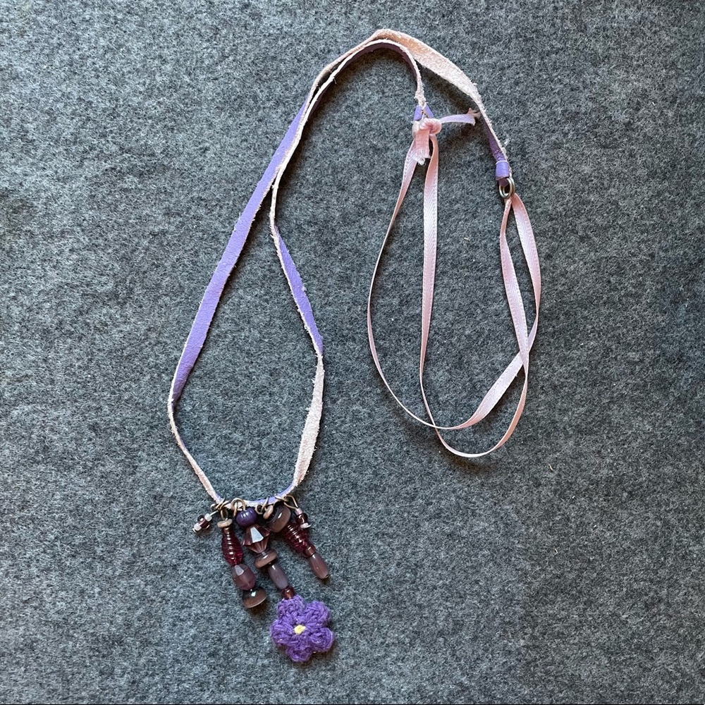 Purple Flower Necklace with Leather & Ribbon; 22” - Picture 1 of 3